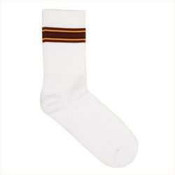 White sock with a burgundy and gold striped band at the top.