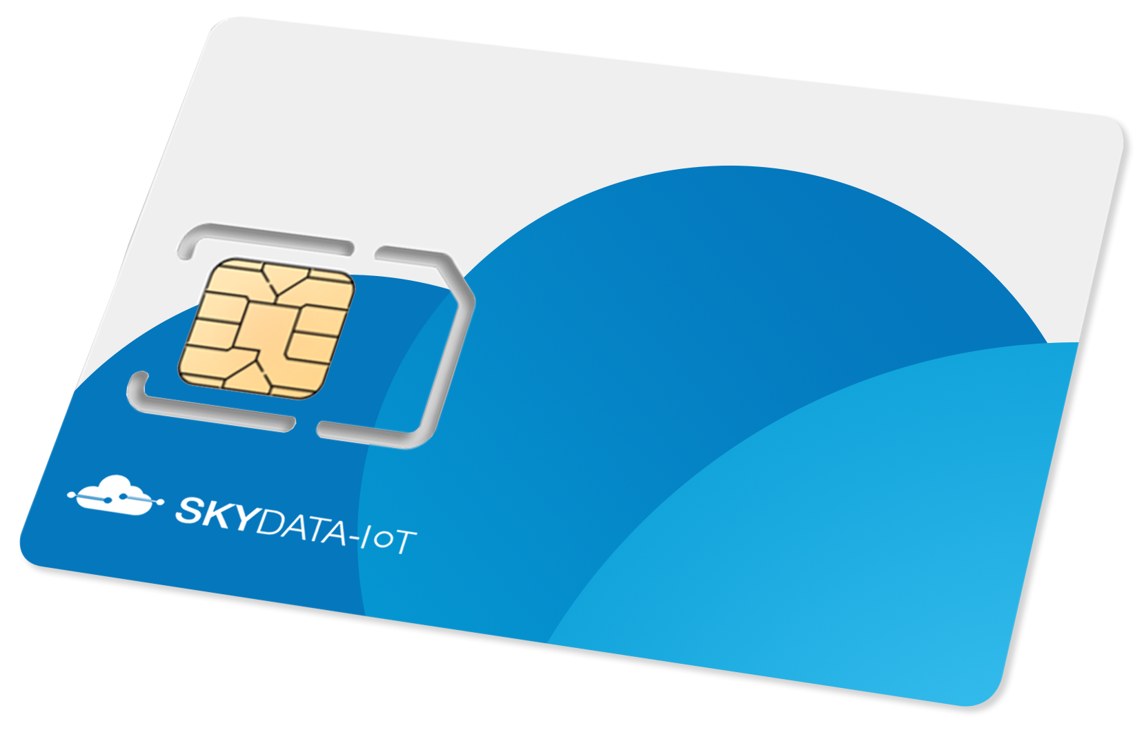 a blue and white skydata-iot card with a chip on it