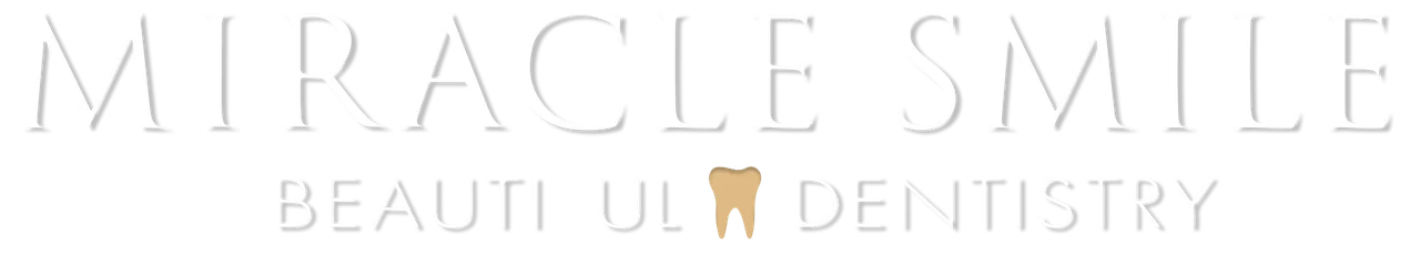 MIRACLE SMILE BEAUTY & DENTISTRY logo in pale gray and gold on a white background