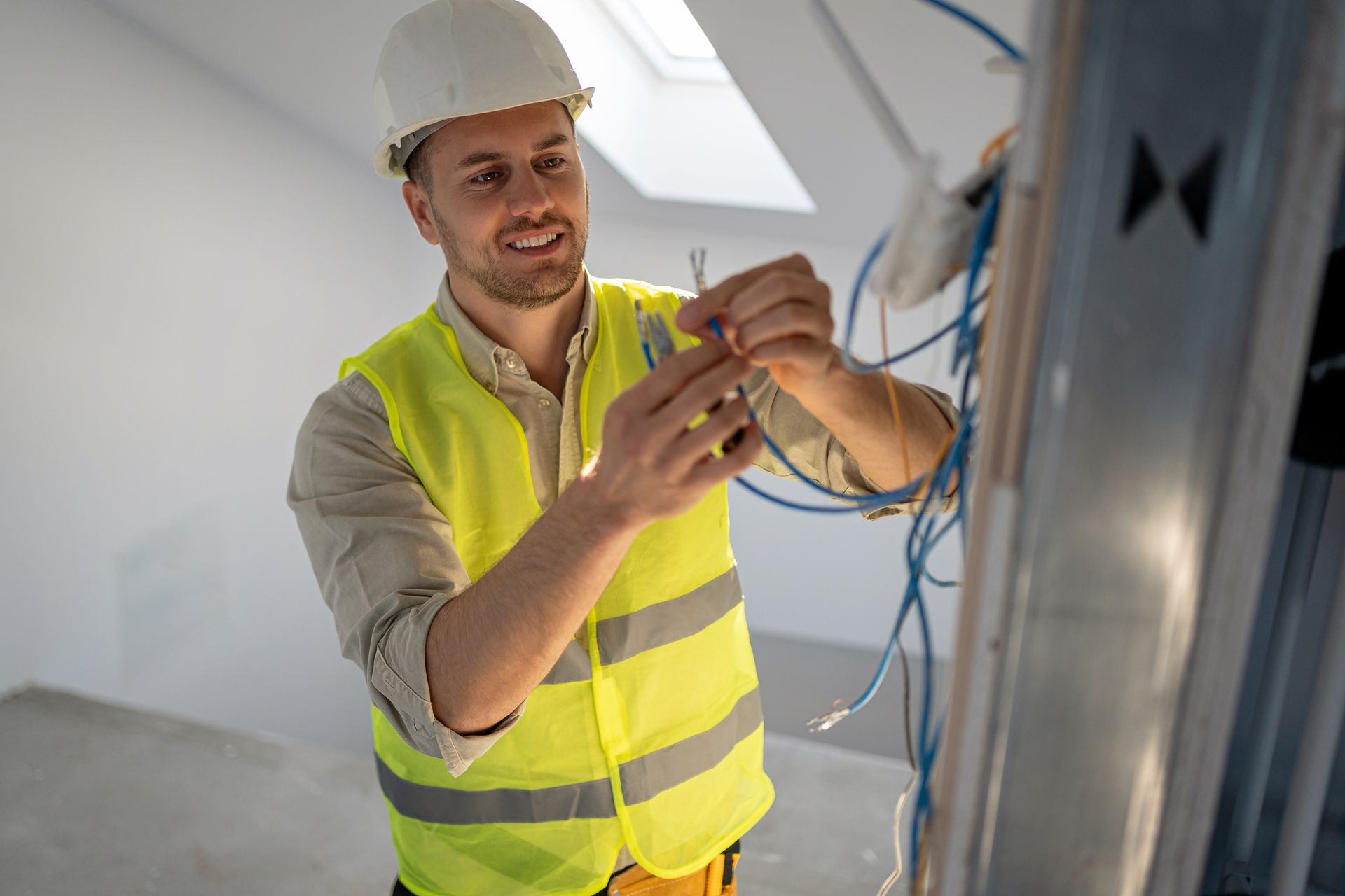 Anderson Electric electrician inspecting brittle knob-and-tube wiring on attic joists with ceramic k