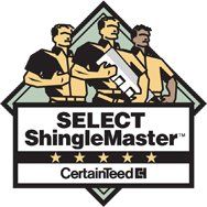 the logo for select shingle master shows three men standing next to each other .