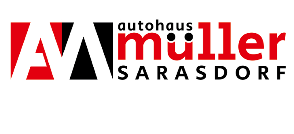 Autohaus Müller, bestehend aus einem stilisierten „M“ mit „autohaus müller SARASDORF“ in Rot und Schwarz.