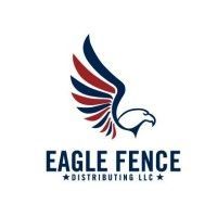 The logo for eagle fence distributing llc shows an eagle with red , white and blue wings.