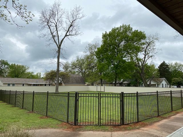 A fence surrounds a lush green field with trees in the background.