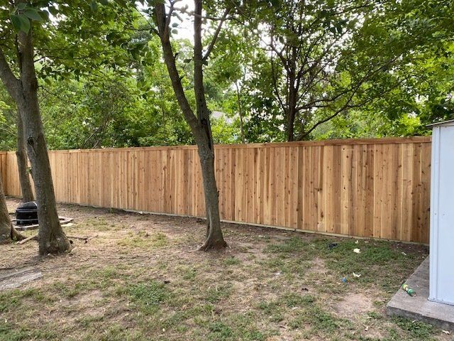 A wooden fence is surrounded by trees in a backyard.