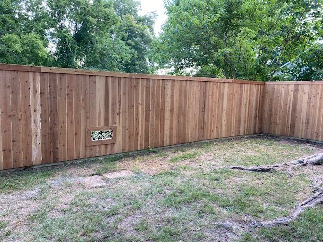 A wooden fence is surrounding a grassy area in a backyard.
