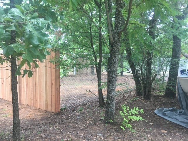 A wooden fence is surrounded by trees in a yard.