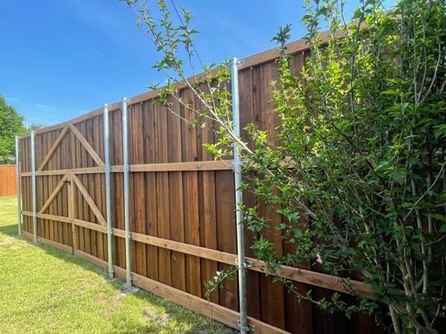 A wooden fence is surrounded by grass and trees in a backyard.