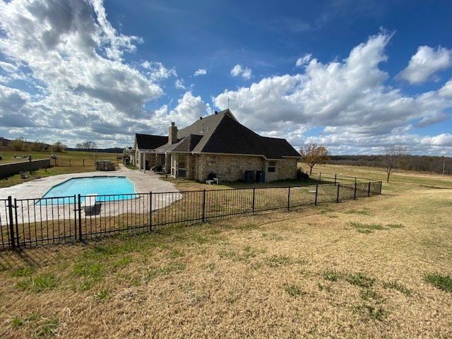 A large house with a pool in the backyard