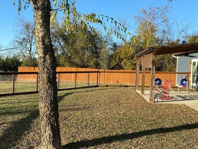A backyard with a wooden fence and a tree in the foreground