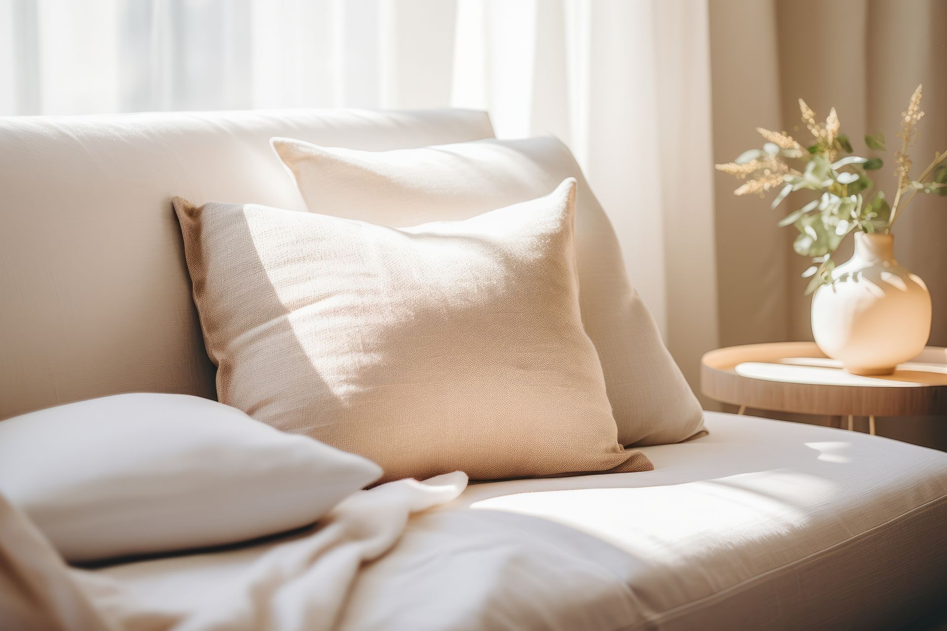 A couch with pillows and a vase of flowers on it in a living room.