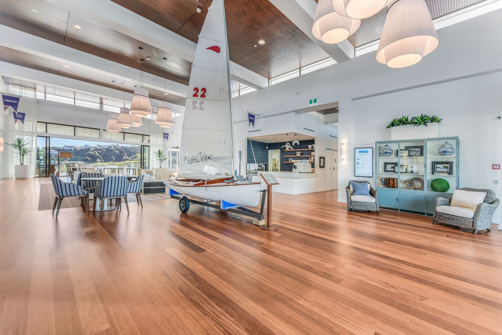 Yacht Club village interior with sailboat