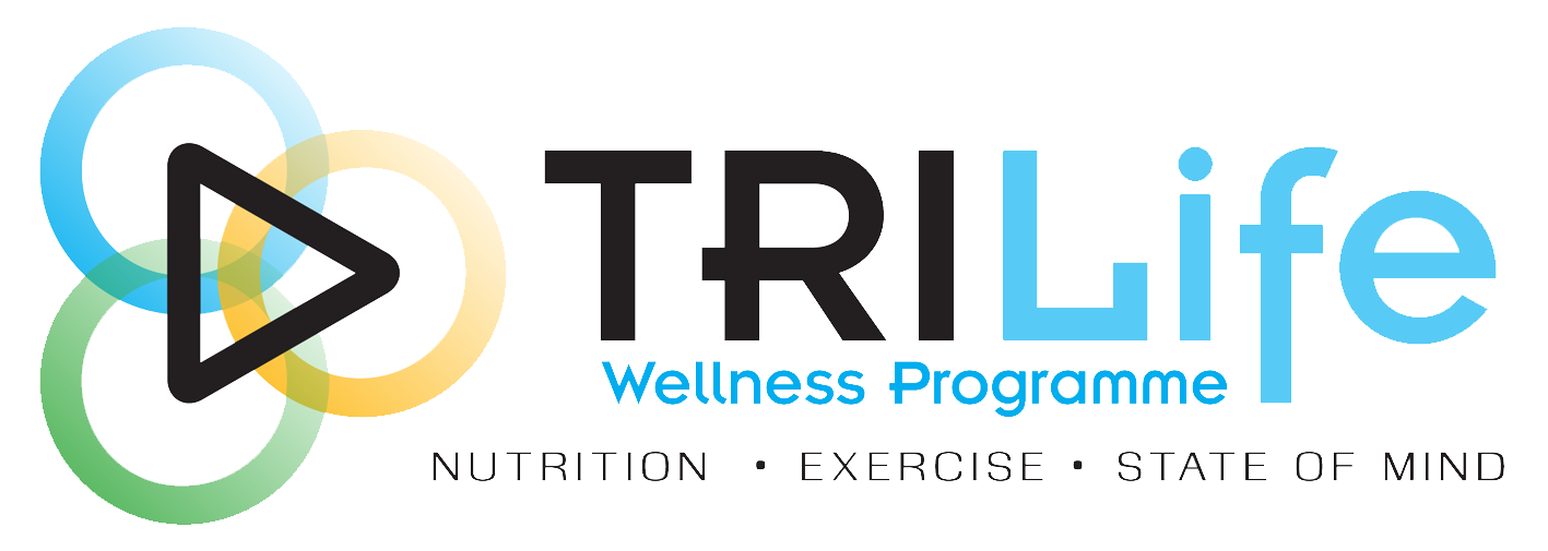 Logo for TRI Life Wellness Programme. Features a play button symbol over overlapping circles and text.
