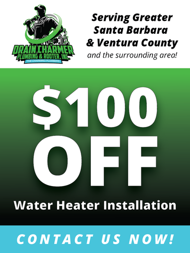 Plumbing and Rooter Promotion Santa Barbara, CA says $100 off water heater installation. Call us now!