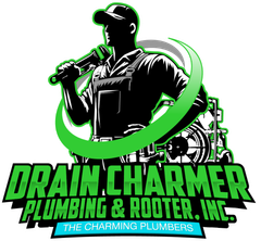 the logo for drain charmer plumbing and rooter inc. shows a plumber holding a wrench.