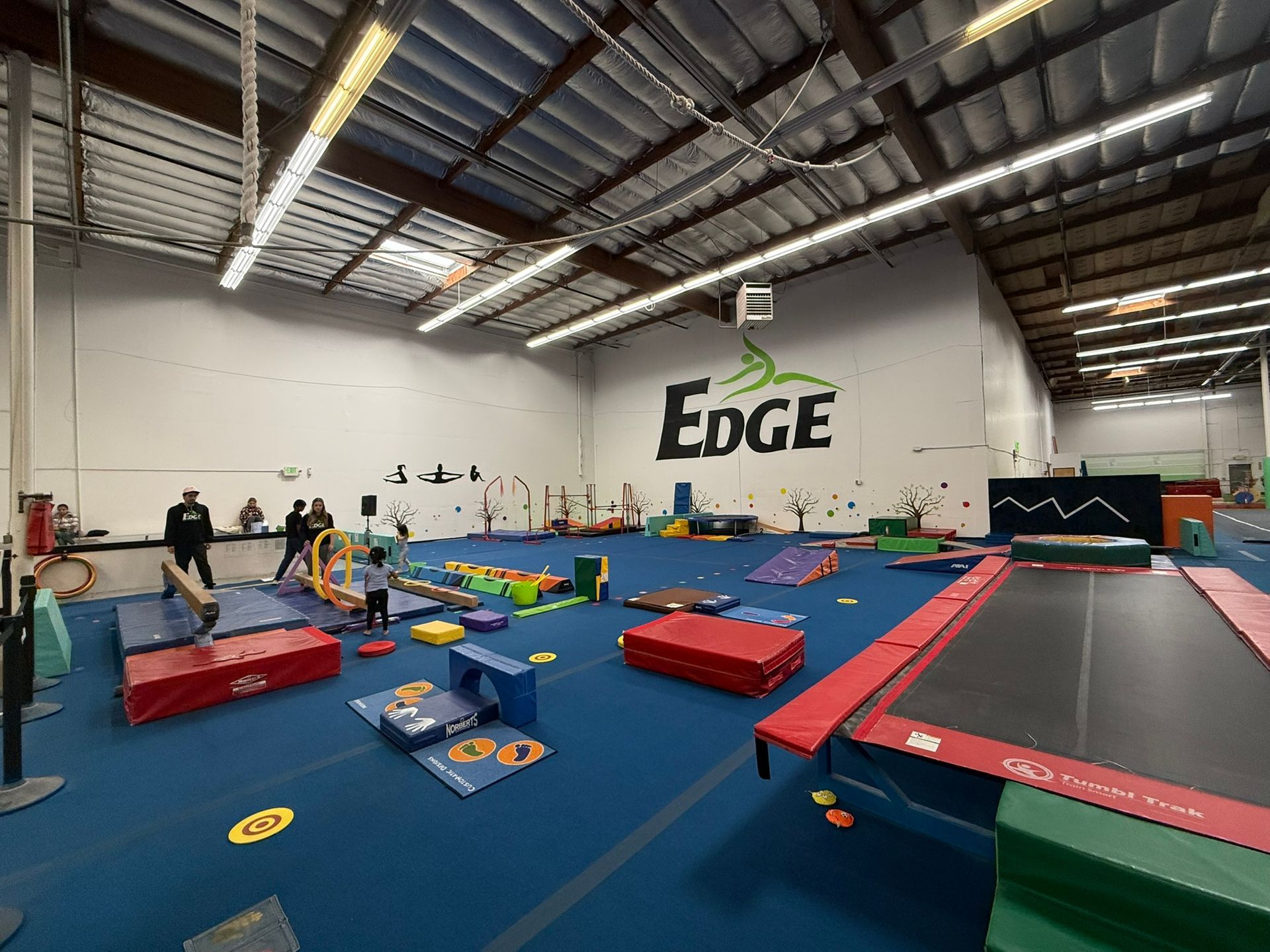 A large gym filled with lots of equipment and a trampoline.