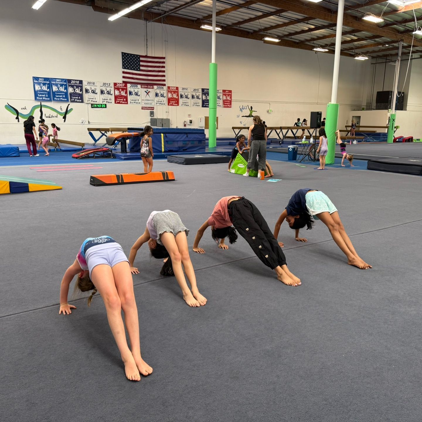 A group of young girls are doing exercises in a gym