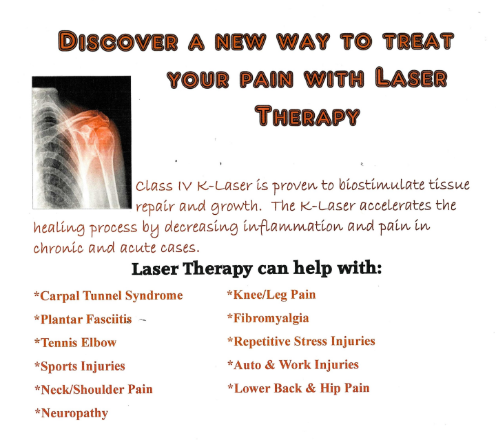 Advertisement for laser therapy, featuring a radiograph of a shoulder and a list of conditions treated with laser therapy.