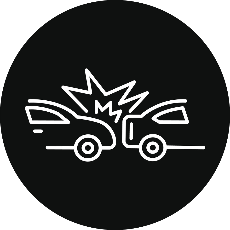 A line drawing of a car accident in a black circle.