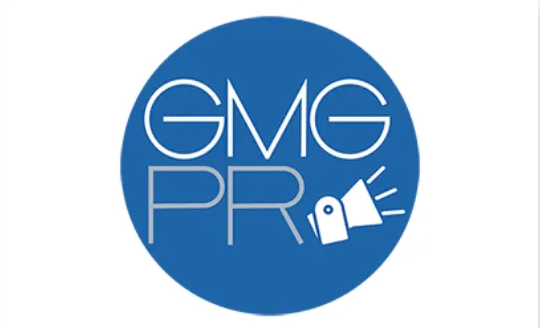 A blue circle with the words gmg pr on it