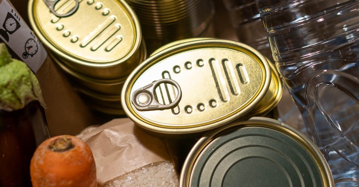 A bunch of cans of food are stacked on top of each other.