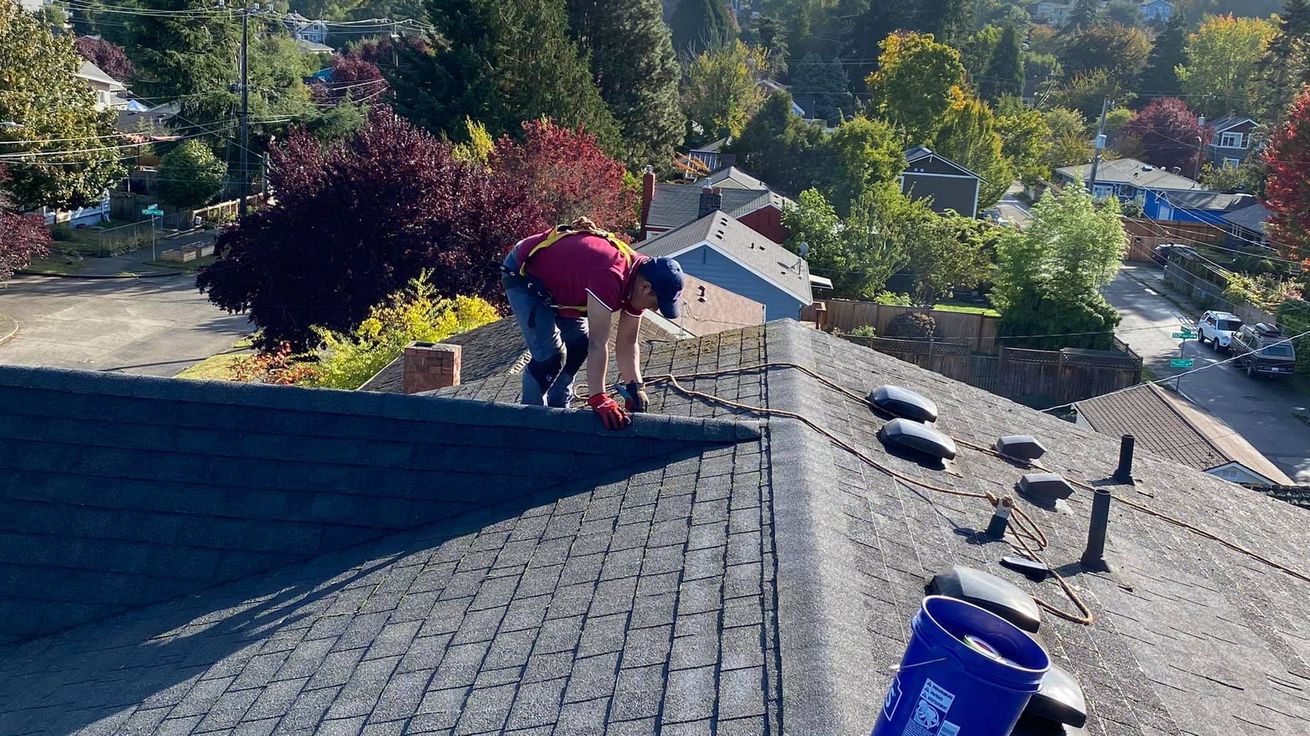 Roof cleaner working on residential roof in Seattle