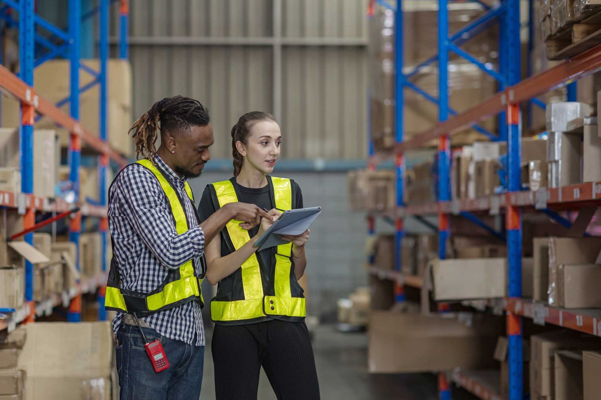 Two workers in safety vests review a tablet in a warehouse aisle with shelves of boxes. Two workers in safety vests review a tablet in a warehouse aisle with shelves of boxes.