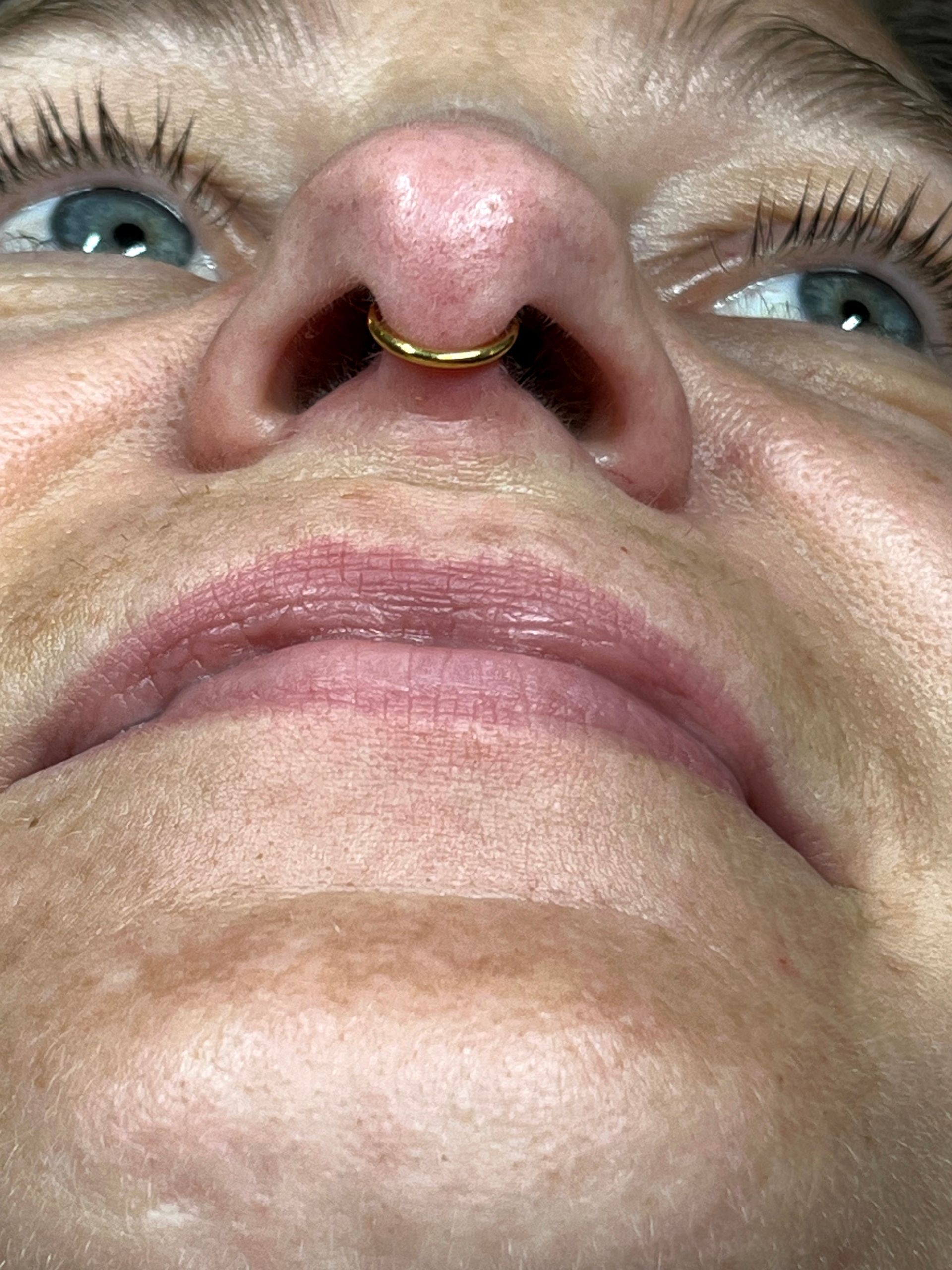 Een close-up, van onderaf gezien, van een neus met een gouden septumring in het midden van het neusgat.