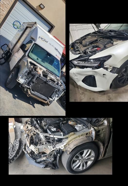 A collage of three pictures of a car that has been damaged