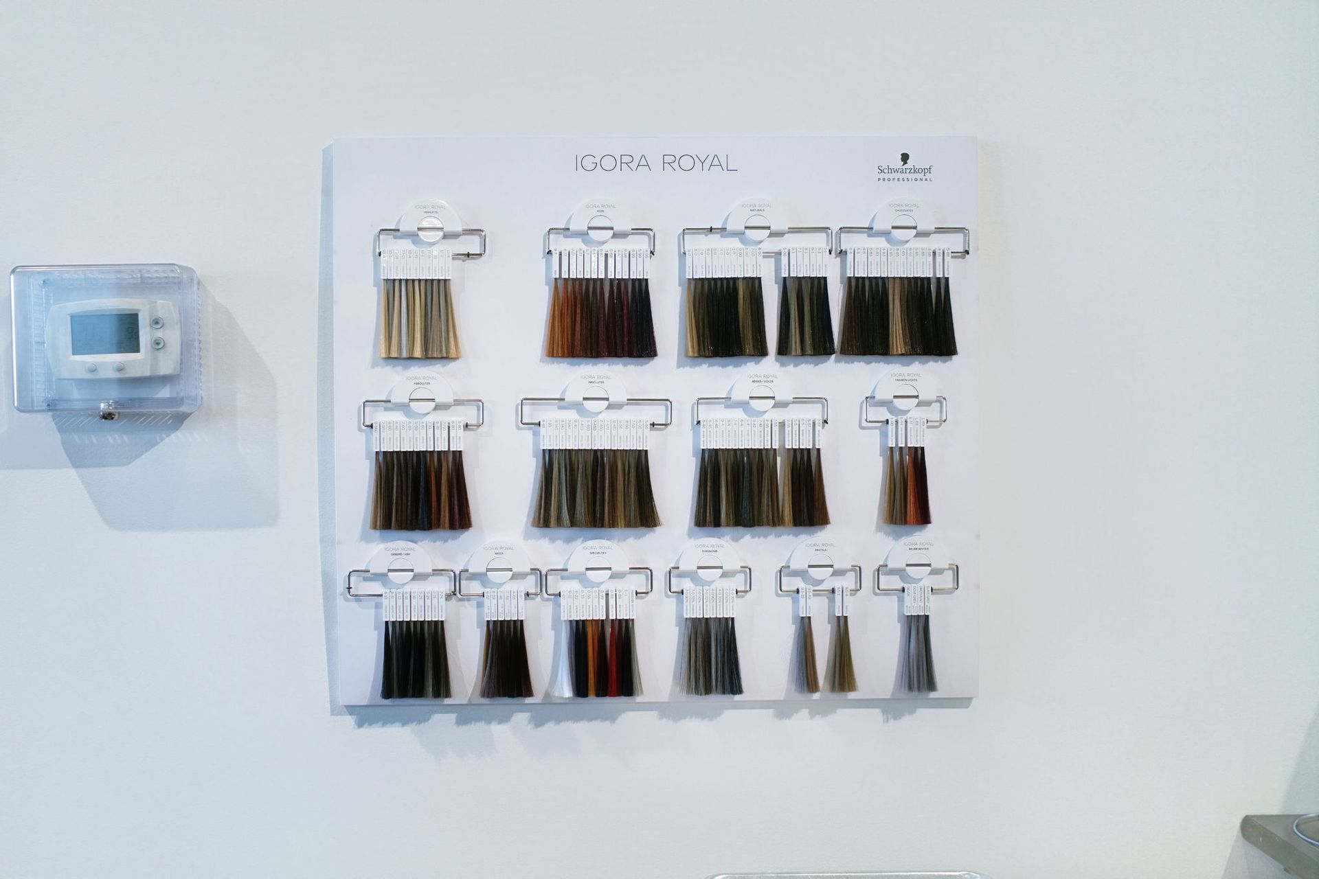 A wall with a bunch of hair color samples hanging on it.