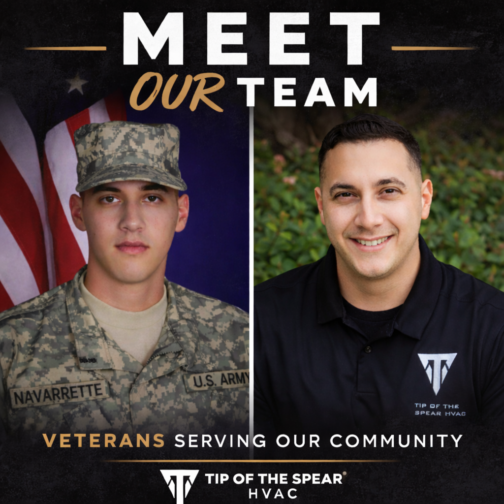 Tip of the Spear HVAC  | a man in a black shirt is standing in the back of a van.