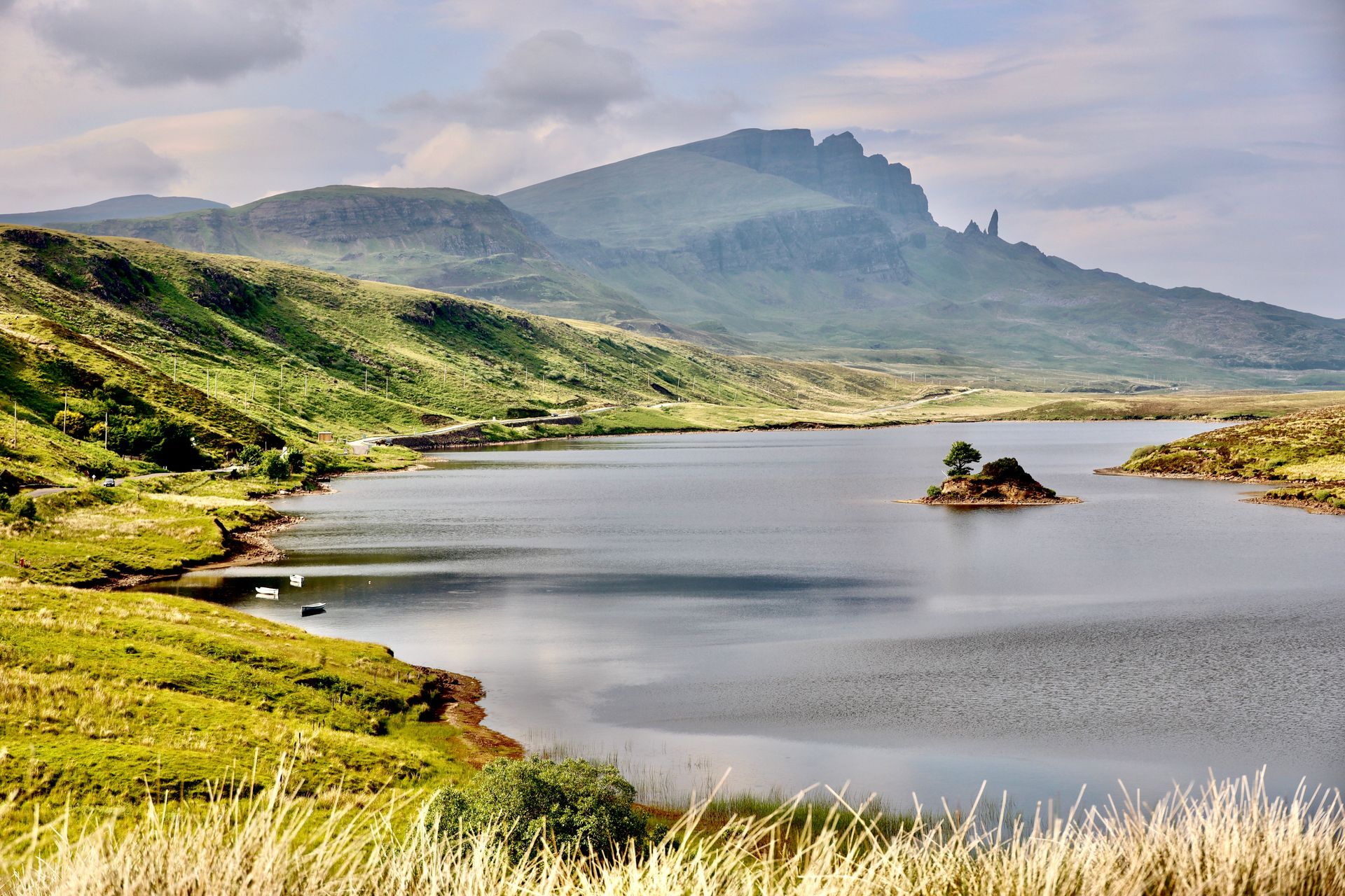lake with islands in field 