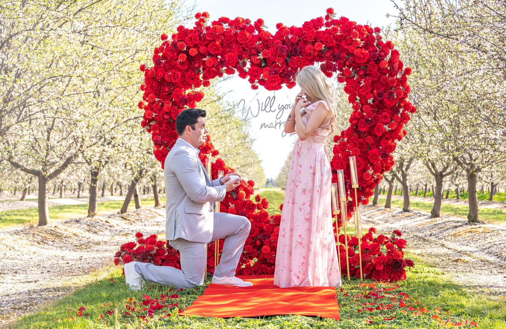 Couple walking hand-in-hand on a path in a park with green grass and trees.
