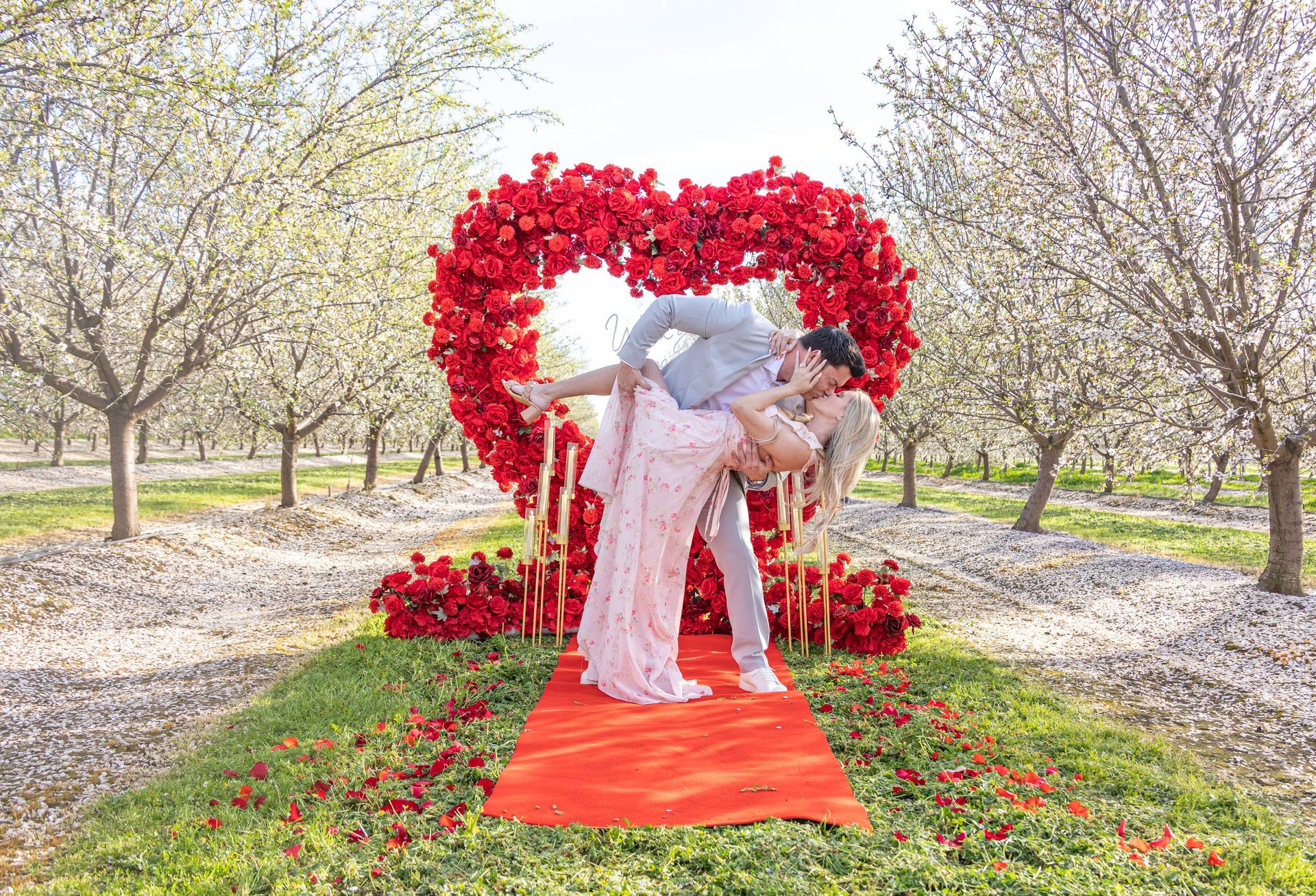 Couple holding hands, smiling; one displays rings. Outdoors near a column, sunny lighting.