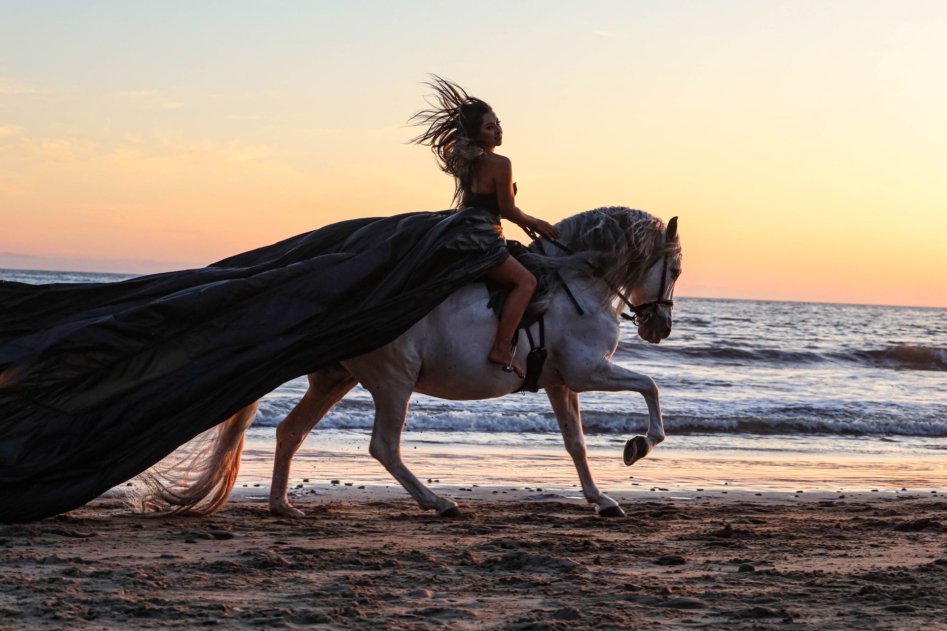 girl riding a horse on the beach at sunset