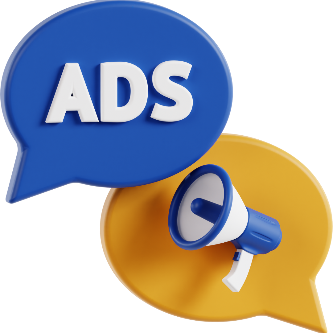 A blue and yellow speech bubble with the word ads on it