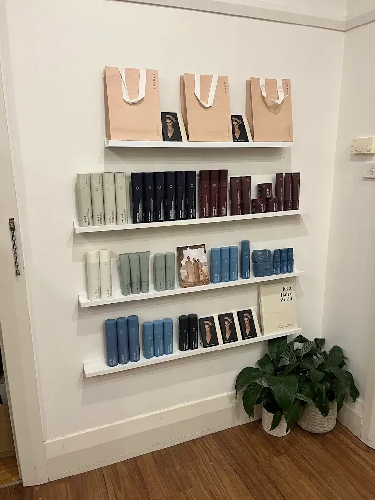 White wall with shelves displaying beauty products and gifts. Plant in corner.