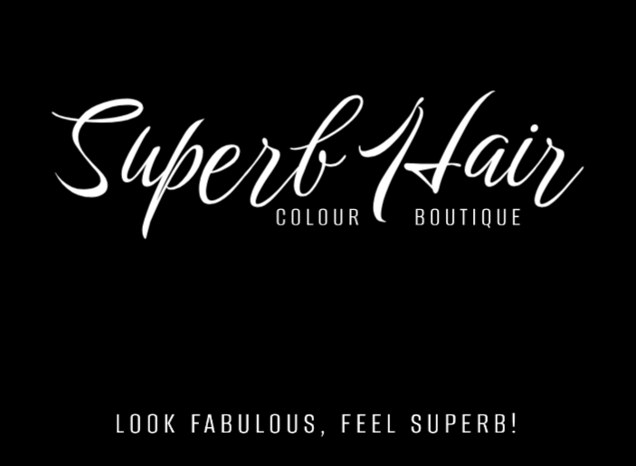 Superb Hair logo on black background. White cursive text: 