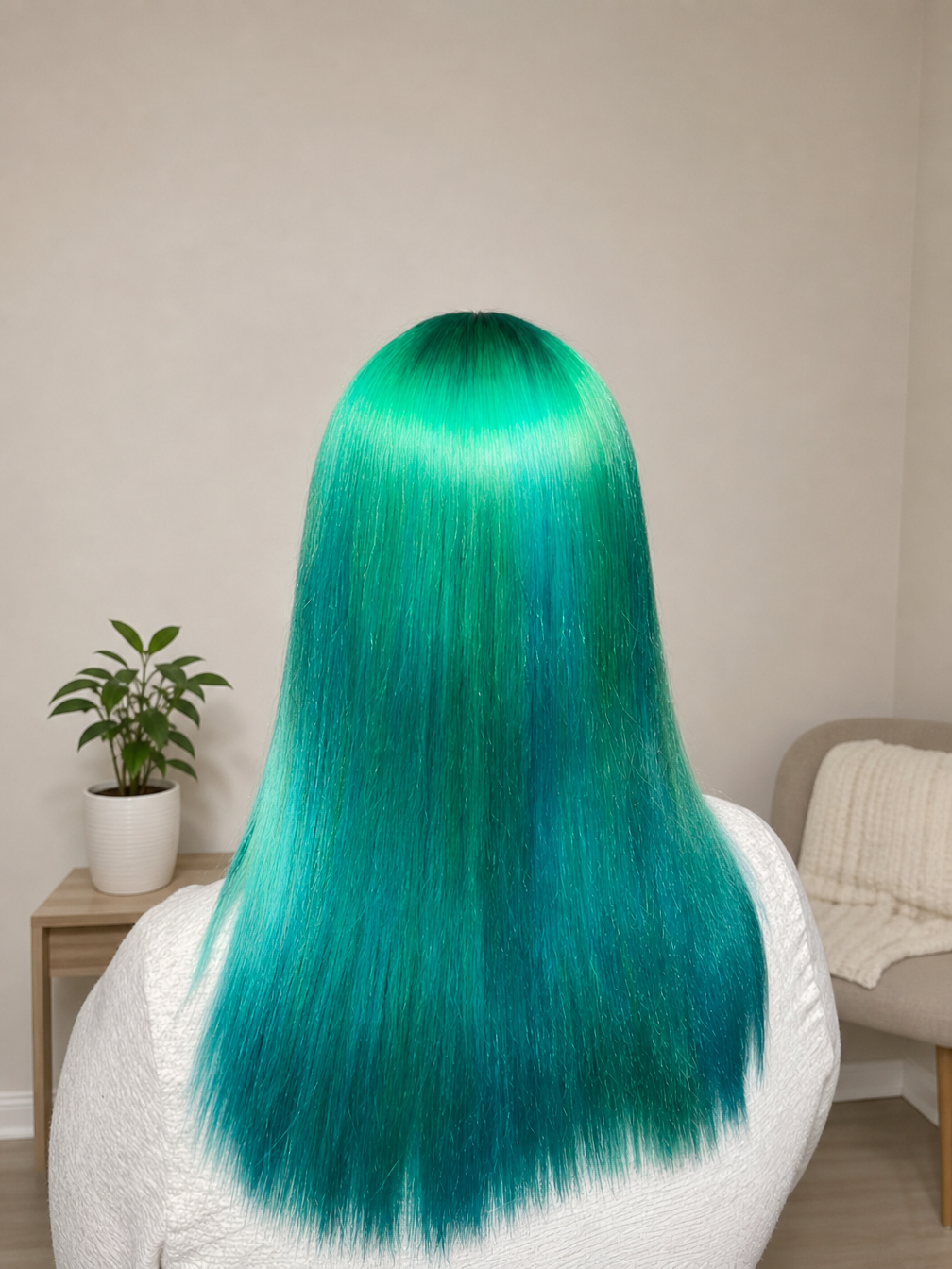 Person with long teal hair seen from behind in a bright room with a plant and chair — Superb Hair in Wyong, NSW