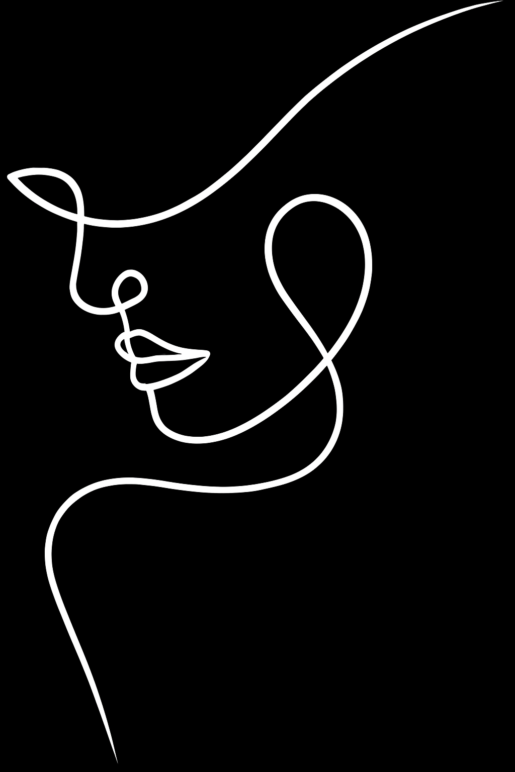 White line art of a woman's face in profile against a black background.