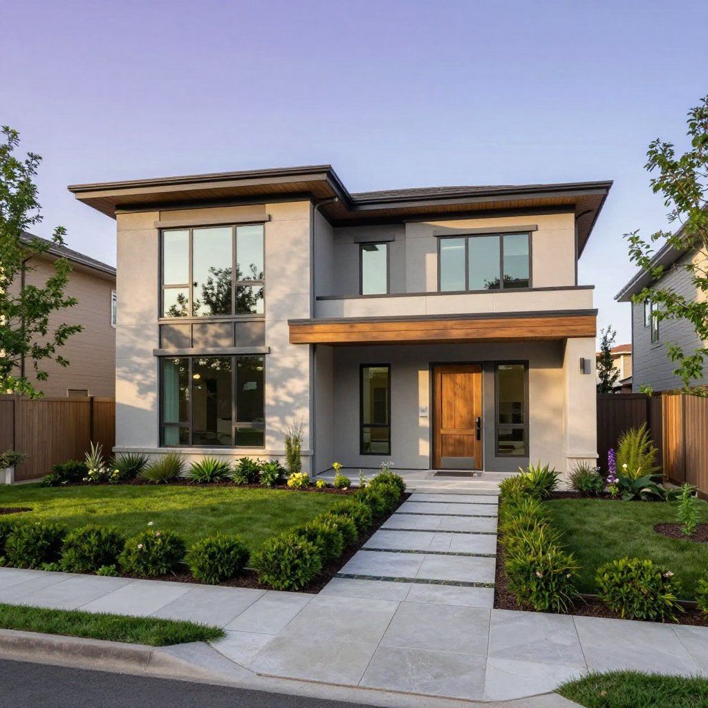 Modern two-story house with gray stucco exterior, wooden door, and manicured lawn.