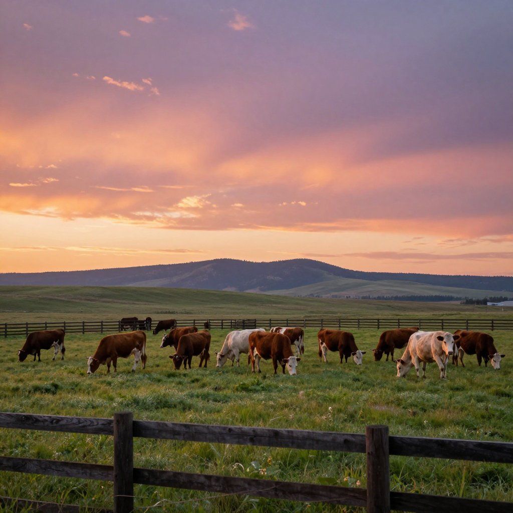 Cows grazing in a grassy field at sunset, with a wooden fence and a mountain in the background. Pink and orange sky.