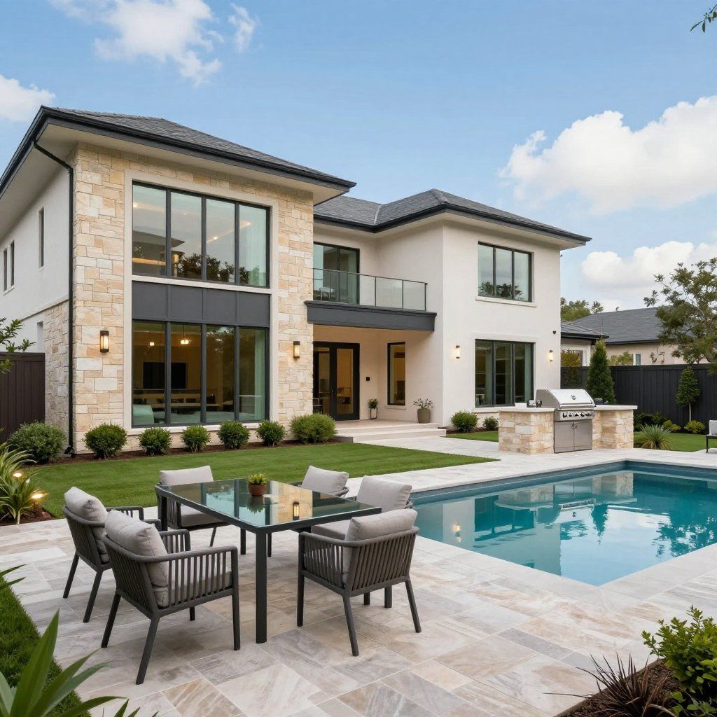 Modern two-story house with pool, outdoor dining area, and outdoor kitchen on a sunny day.