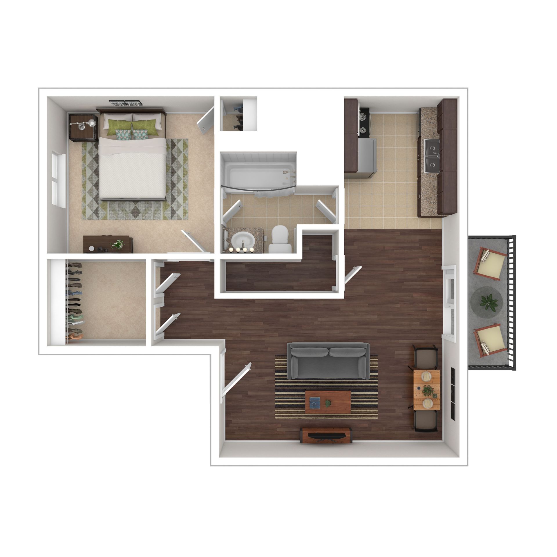 Floor plan: a one-bedroom apartment with a living room, kitchen, bathroom, and balcony.