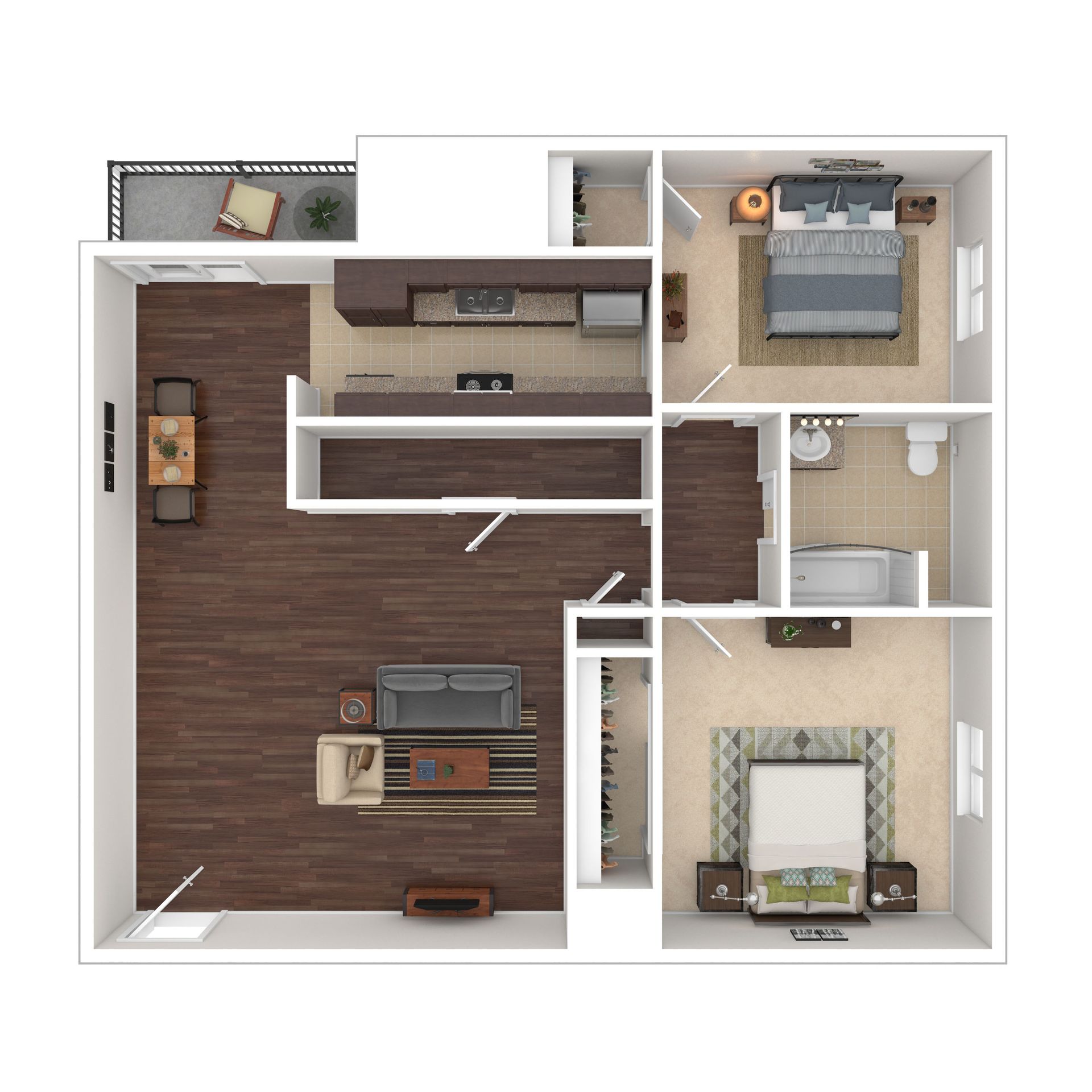 Floor plan of a two-bedroom apartment with a kitchen, living room, two bathrooms, and a balcony.
