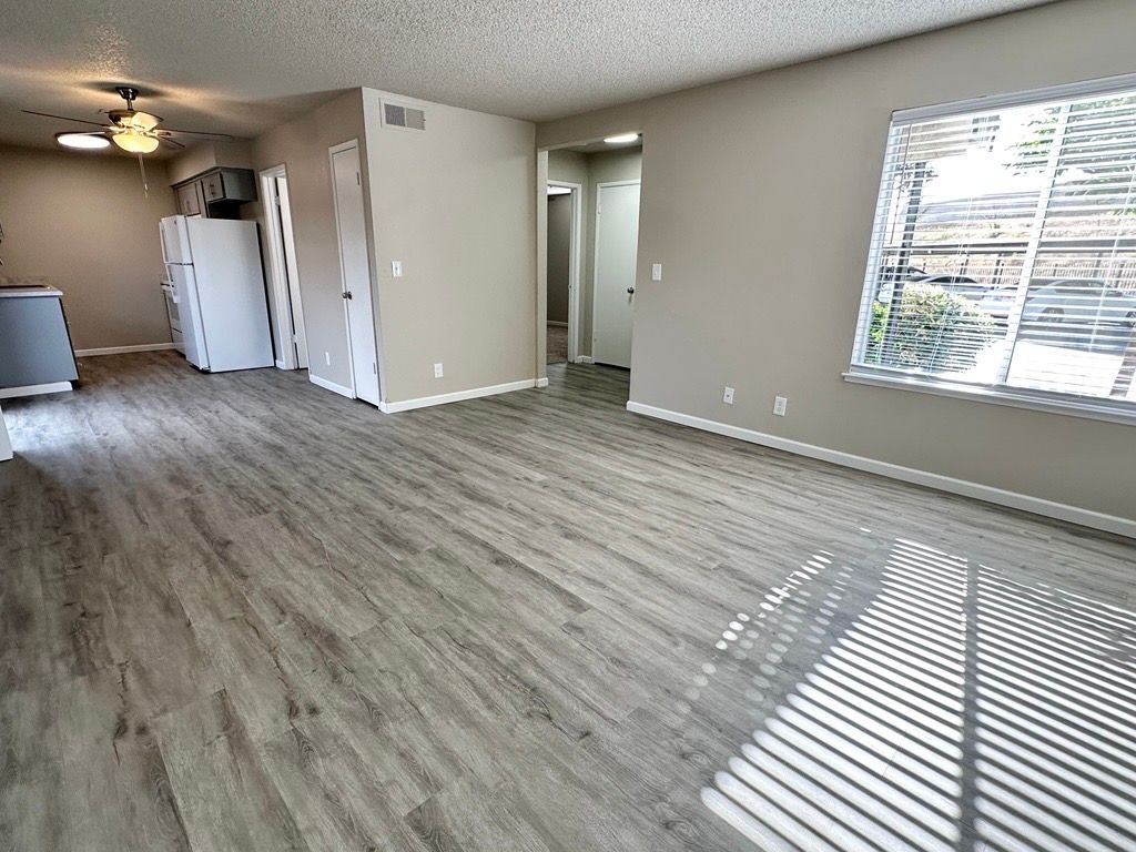 Empty room with gray wood-look floors, light gray walls, and a window casting shadows.