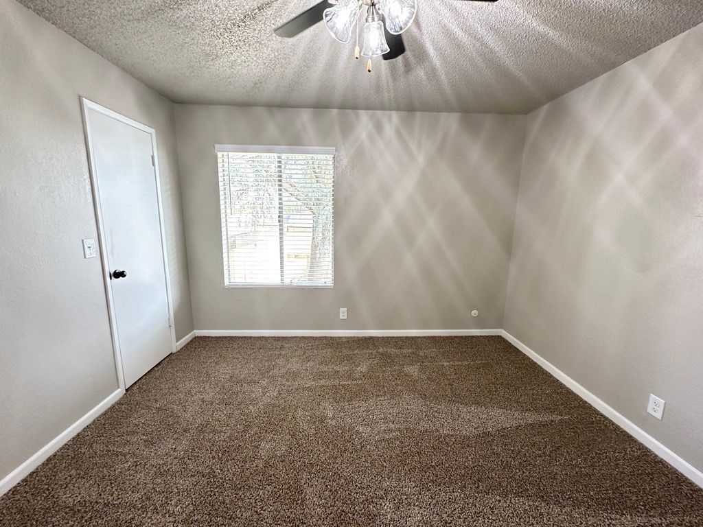 Empty bedroom with brown carpet, window, and light-colored walls.