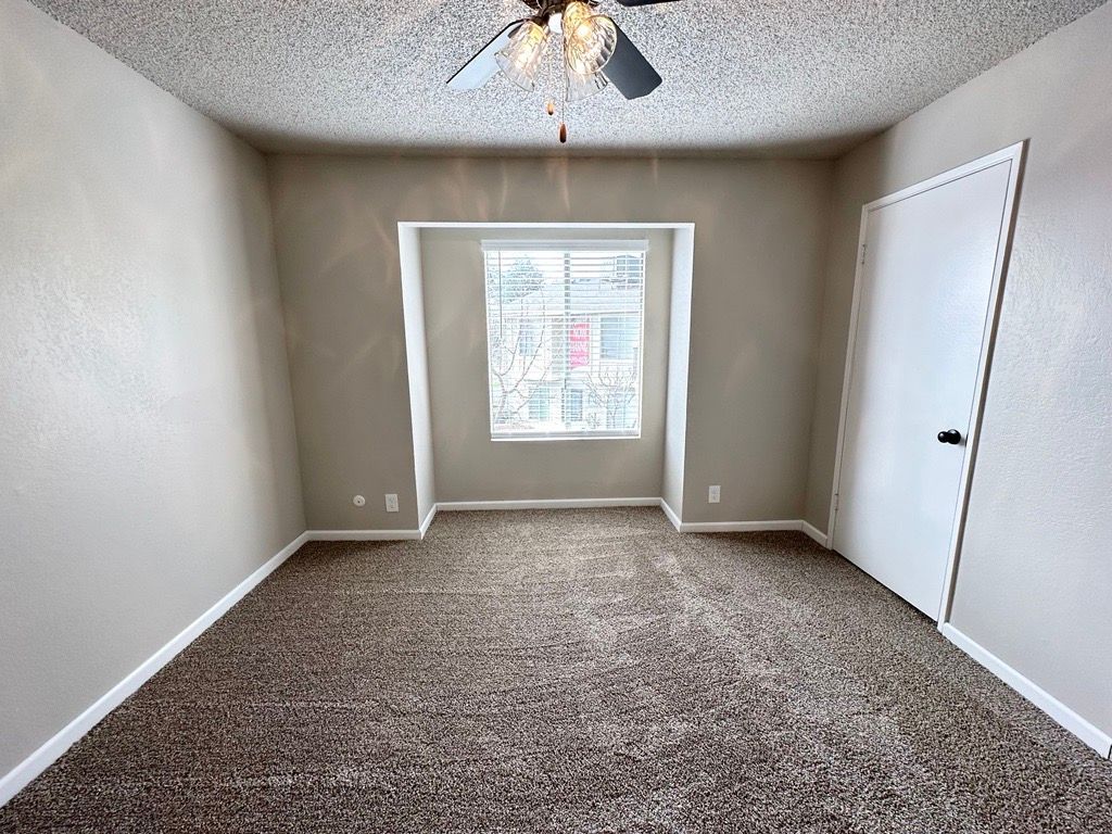 Empty room with brown carpet, tan walls, white door, and window.