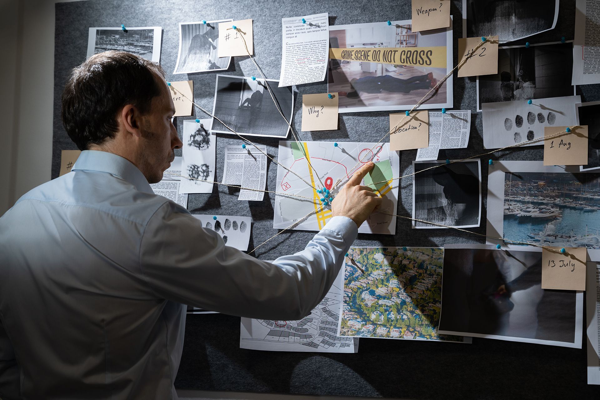 A man is pointing at a map on a bulletin board.