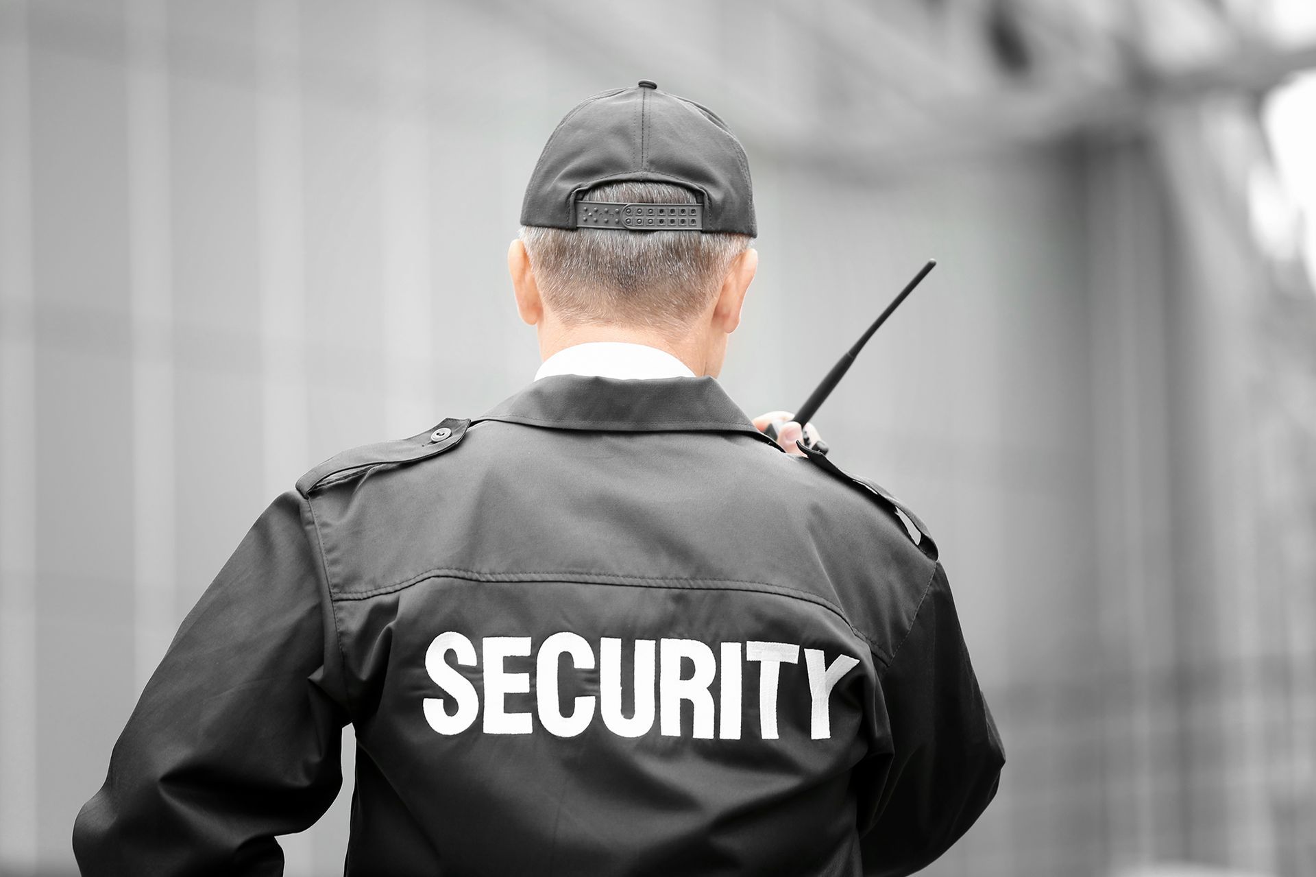 Security guard, back view, wearing black uniform